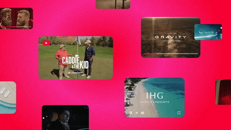 A gallery of screengrabs from YouTube video ads for Lucid, IHG Hotels & Resorts, and State Farm and more.