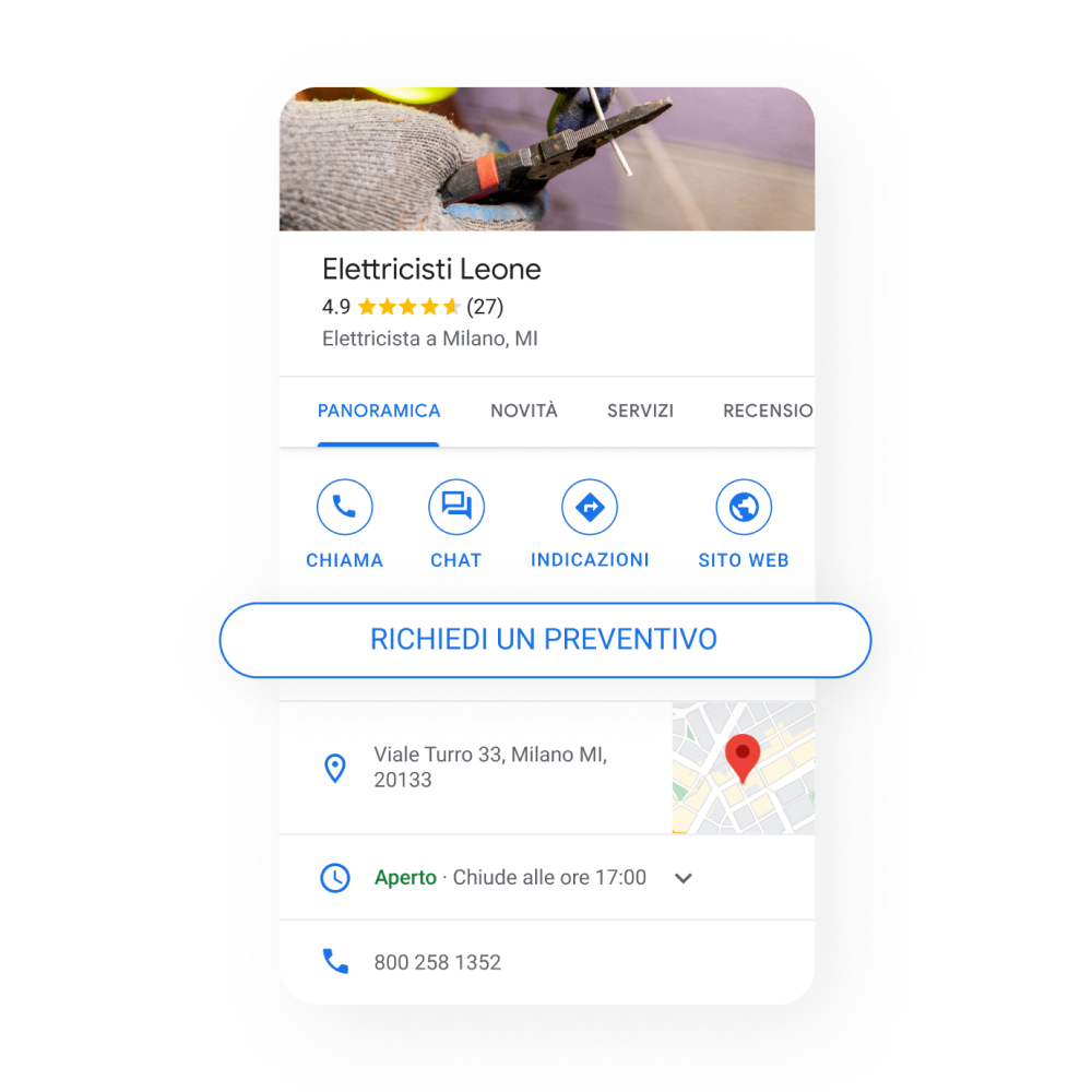 Immagine del profilo di un'attività di servizi che mette in risalto il pulsante Richiedi un preventivo
