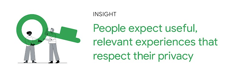 Illustration of two people holding a key. Insight: People expect useful, relevant experiences that respect their privacy