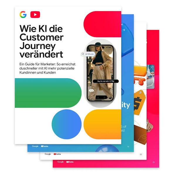 Das Cover von „Wie KI die Customer Journey verändert“ zeigt über dem Titel die Logos von Google und YouTube und ist mit Icons in Primärfarben verziert.