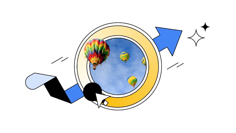 A photo of colourful hot air balloons floating in the air, surrounded by an illustration of a yellow circle and an upwards blue arrow, giving the impression of lightness, upward movement, and growth.