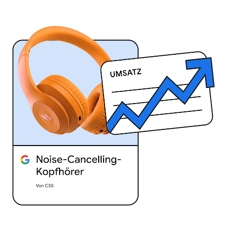 „Anzeige für Noise-Cancelling-Kopfhörer und ein Umsatzdiagramm mit Aufwärtspfeil.“