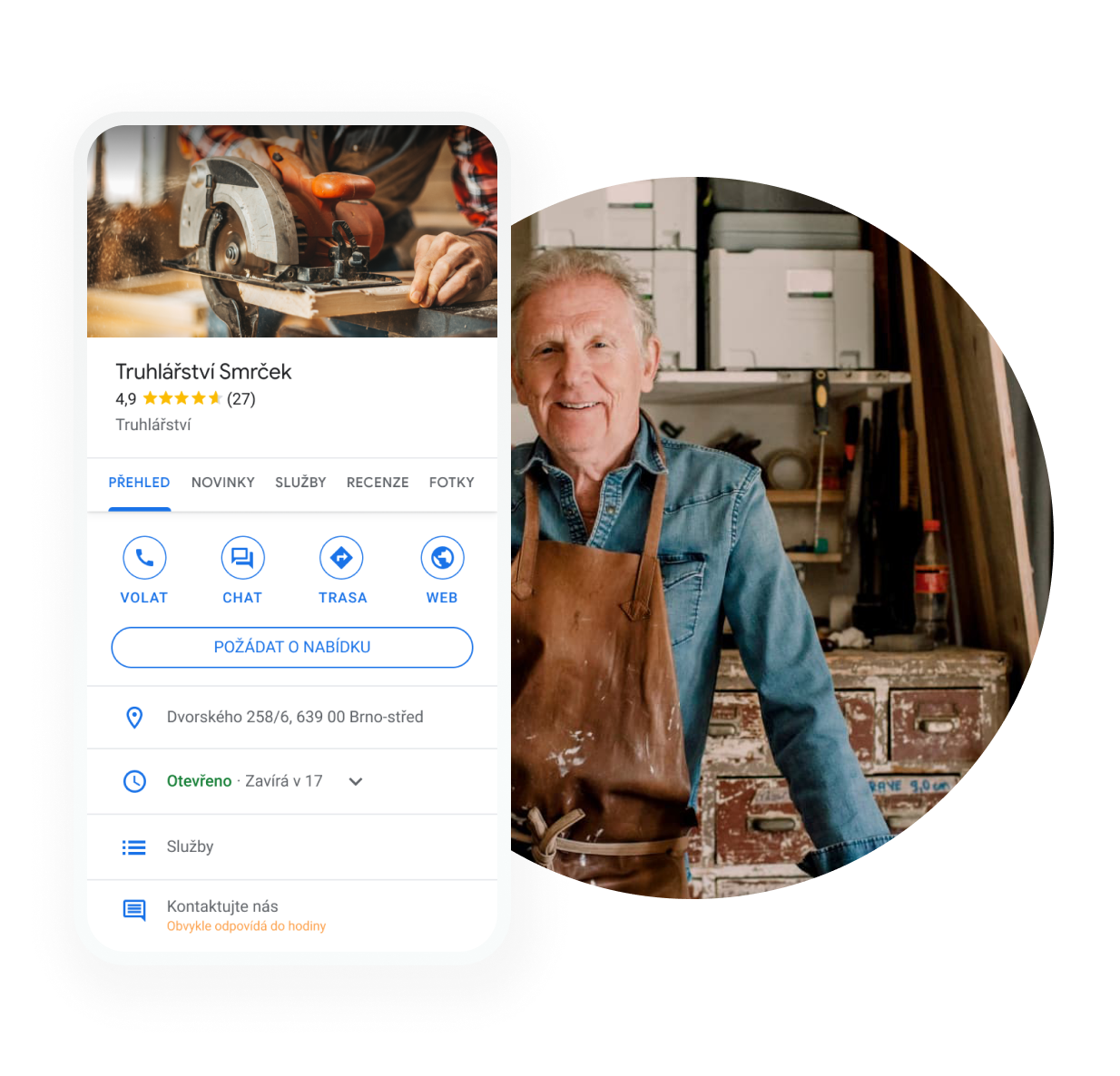Stránka služeb – hlavní překryvný obrázek profilu firmy poskytující služby zobrazený na mobilním zařízení