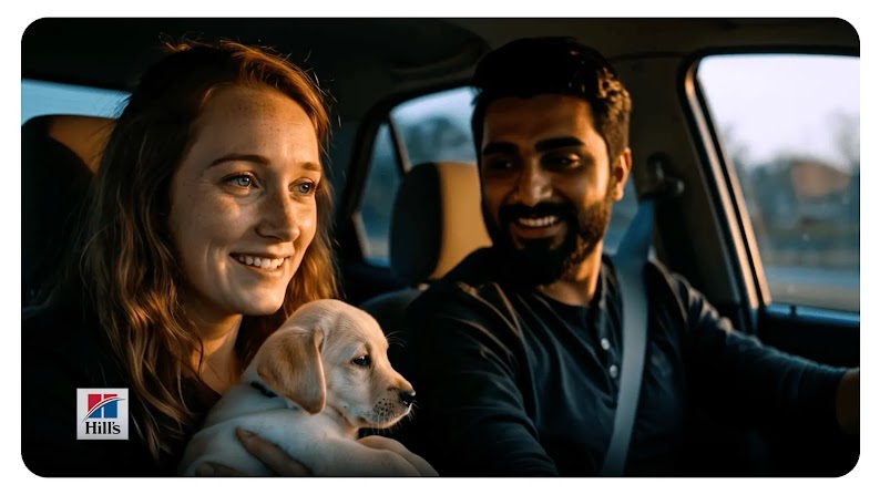 Two AI people ride in a car with an AI golden Labrador puppy. The “woman” smiles and holds the dog in the passenger seat; the “man” drives while smiling and looking at the dog.