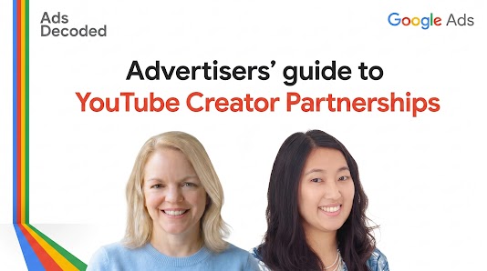 Promotional thumbnail for the "Ads Decoded" podcast by Google Ads, titled "Advertisers' guide to YouTube Creator Partnerships," featuring host Ginny Marvin and guest Melissa Hsieh Nikolic.