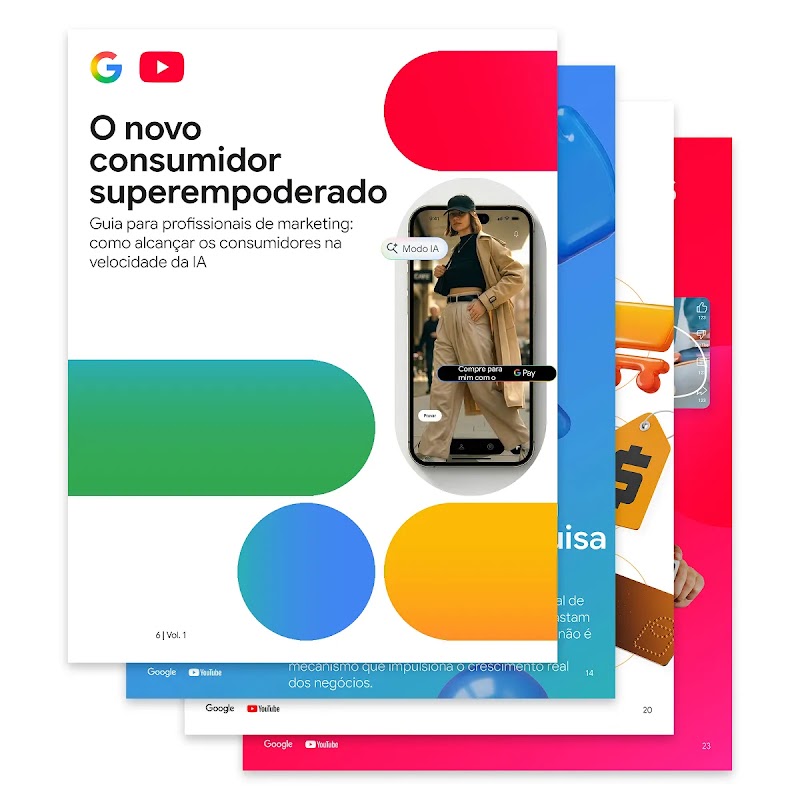A capa de "O novo consumidor superempoderado" tem os logotipos do Google e do YouTube acima do título e é decorada com formas de cápsulas nas cores primárias.