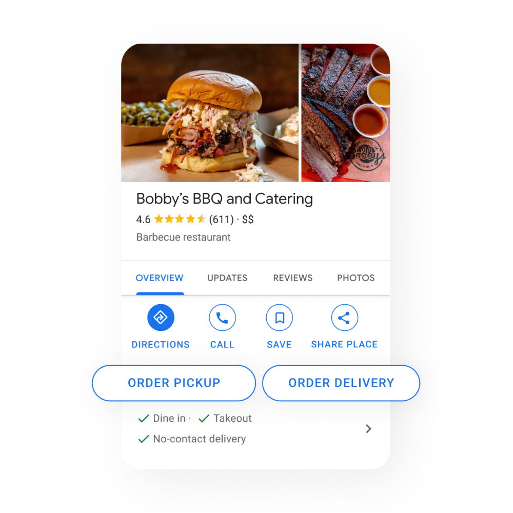 Image of a restaurant Business Profile that accept online food orders with Google
