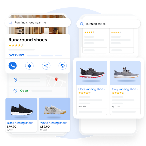 A mobile user interface demonstrating how your business and products can appear on Google with key information that is pulled out for emphasis.