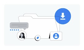 A file folder opens to reveal a consumer review, a price tag, and a download icon.