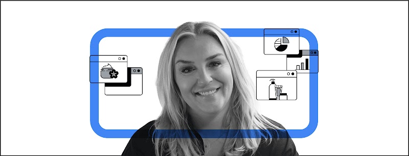 Black and white headshot of Christina Ericsson, CEO of Youty Group, with a blue rectangular frame overlay. Surrounding her are five internet browsers with beauty and graph icons.