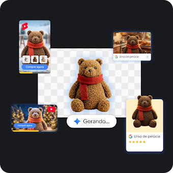 Colagem digital que demonstra a geração de recursos de IA, com um urso de pelúcia marrom no centro usando um cachecol vermelho acima de um comando "Gerando…", cercado por quatro anúncios digitais e modelos de compras com o mesmo urso em várias configurações sazonais.