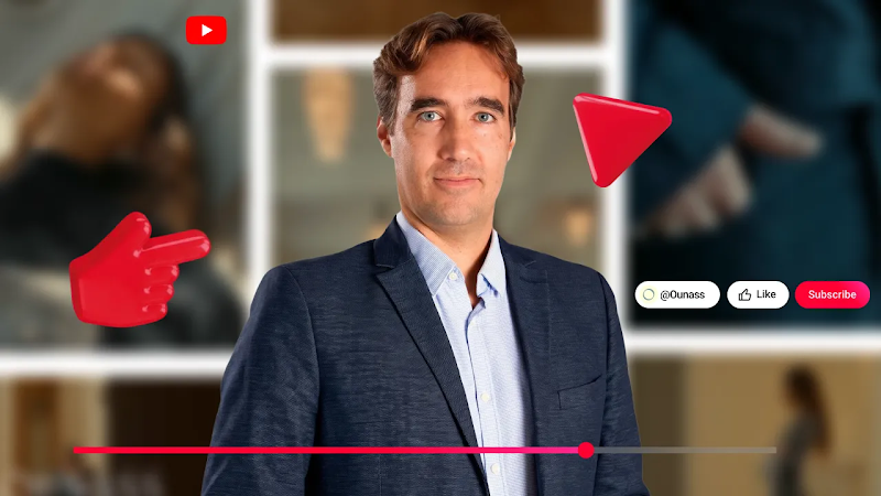 Graphic featuring a headshot of Marc-Oliver Schmiedle, who heads up high-impact marketing at Ounass, positioned in the center foreground. He is wearing a dark suit jacket over a light blue button-up shirt. The background is a blurred collage of fashion video screenshots from Ounass, overlaid with glossy, 3D red digital YouTube interface illustrations, including a pointing hand cursor, a YouTube play button, a triangular icon, and a video playback progress bar along the bottom.
