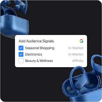 An image of blue headphones overlaid with two checked Audience Signals tags: "Seasonal Shopping", "Electronics", and an unchecked audience signal "Beauty & Wellness."