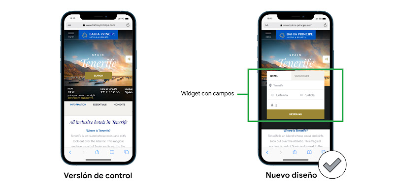 Dos smartphones, el de la izquierda es la versión de control con la versión antigua de la app, a la derecha el nuevo diseño con un check y el widget visible con todos los cambios para hacer una reserva de hotel
