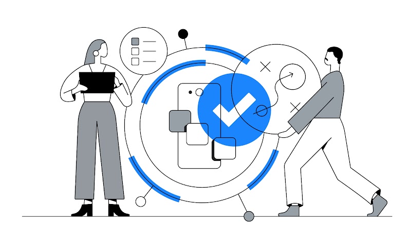 À esquerda, uma mulher segura uma pasta. No centro há um smartphone. À direita, um homem carrega um círculo com uma seta e um xis