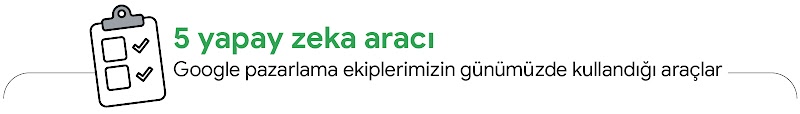 Başlığın yanındaki bir panoda yer alan bir yapılacaklar listesi: 5 yapay zeka aracı - Google pazarlama ekiplerimizin günümüzde kullandığı araçlar