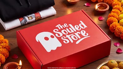 A red 'The Souled Store' branded delivery box on a festive table setting with diyas, marigold garlands, and Indian sweets.