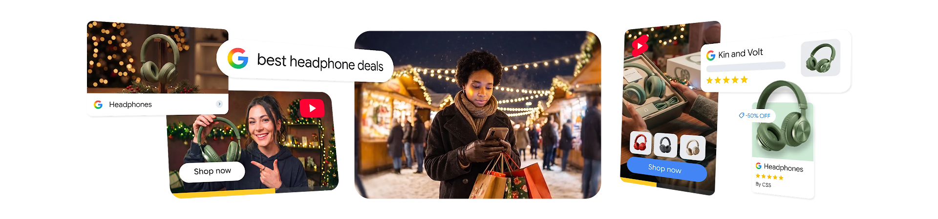 A digital collage illustrating a holiday shopping journey, featuring a person using a smartphone at a winter market surrounded by digital Google Search bar saying: “Best headphone deals”, YouTube, YouTube Shorts and Google Shopping Ads for green headphones.