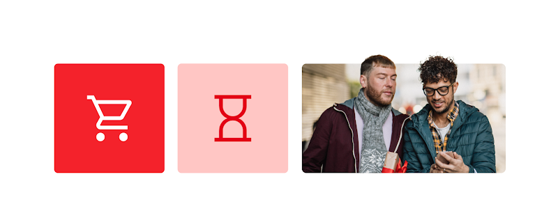 Two red squares and a photo: 1. A shopping cart. 2. An hourglass. 3. Two men wearing outerwear carry wrapped gifts and shopping bags. They look at a mobile phone held by the one on the right.