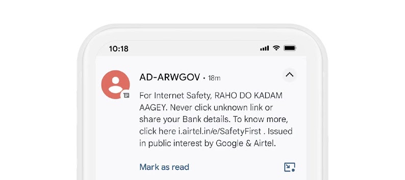 An SMS alert sent by the telco Airtel to its users to raise awareness against unsafe links as part of the “Raho Do Kadam Aagey” campaign to raise awareness about cybersecurity and prevent cybercrime in India.