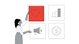 Four icons in square frames. From left to right, on the top row: a heart with a red overlay, and a bar graph. On the bottom row: a megaphone, and a coin with a dollar sign. To the left, a woman stands with her arms stretched out, arranging the frames.