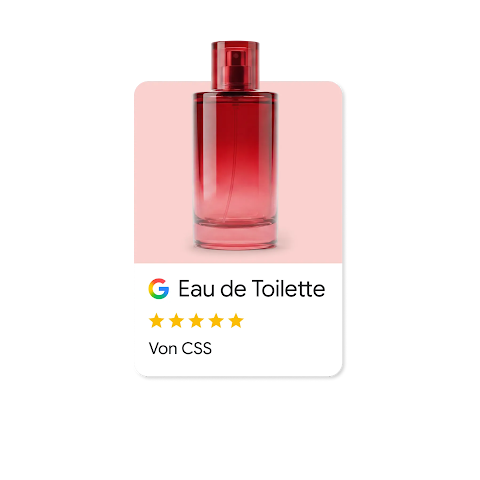 Google-Suchanzeige für ein rotes Parfüm namens „Eau de Toilette“ mit einer 5-Sterne-Bewertung.