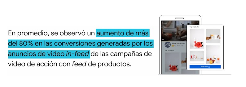 La pantalla de un móvil muestra un feed de productos de la empresa c'Balm Natural Care. En promedio, se observó un aumento de más del 80 % en las conversiones generadas por los anuncios de video in-feed de las campañas de video de acción con feed de produ