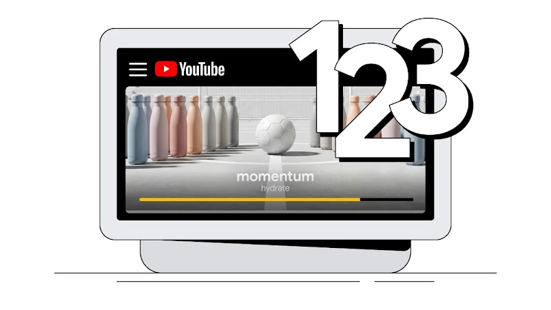 Un ordenador muestra una pantalla de YouTube con un anuncio de la marca ficticia "Momentum hydrate". En el anuncio aparecen botellas de agua dispuestas en dos grupos en un campo de fútbol, con un balón blanco en el centro. En la esquina superior derecha, se ven los números 1, 2 y 3 en tamaño grande.