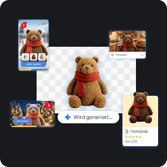 Eine digitale Collage, die die KI-gestützte Erstellung von Assets demonstriert. In der Mitte ist ein brauner Teddybär mit einem roten Schal zu sehen, darüber der Prompt „Wird generiert…“. Um den Bären herum sind vier verschiedene digitale Anzeigen und Shopping-Mockups zu sehen, die den gleichen Bären in verschiedenen saisonalen Umgebungen zeigen.