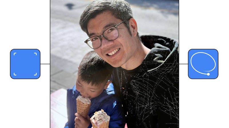 Una foto che ritrae il cofondatore di Google Lens, Lou Wang, con suo figlio mentre mangiano un gelato. A sinistra della foto è visibile l'icona di Google Lens, a destra quella di Cerchia e Cerca