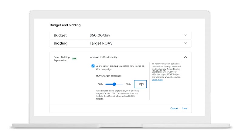 En la interfaz de la exploración de Smart Bidding de la interfaz de Google Ads, se ve un encabezado que dice "Presupuesto y puja" y, debajo, dos menús desplegables con 50,00 USD/día en "Presupuesto" y ROAS objetivo en "Puja".