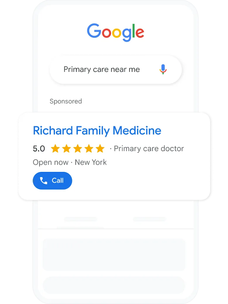 A search query and local services ad for primary care doctors nearby. 
