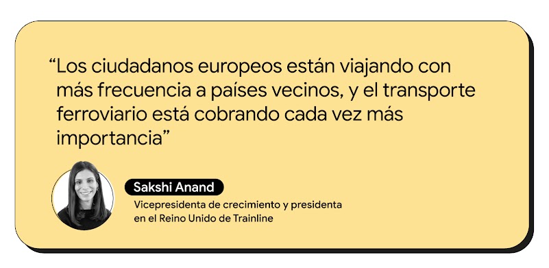 Una imagen que muestra la cita: "Los europeos viajan con más frecuencia a los países vecinos y el ferrocarril desempeña un papel cada vez más importante". – Sakshi Anand, vicepresidente de Crecimiento y presidente del Reino Unido, Trainline.