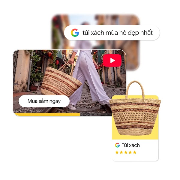 Chiến dịch Quảng cáo tối đa hóa hiệu suất (Performance Max) cho từ khóa túi xách mùa hè hiển thị trên nền tảng YouTube và Google Shopping.