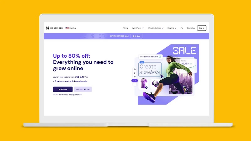 A screenshot of the Hostinger website homepage on a laptop screen, featuring a bold, purple background with the text "Your online success starts here", and an overlaid graphic with a person and the phrase "bold moves".