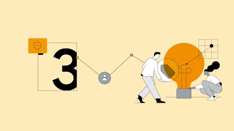 3. A two people, one with light skin and short dark hair and one with dark skin and long dark hair in a hi-puff, interact with an oversize light bulb. Insights from online shopping show growth on a chart