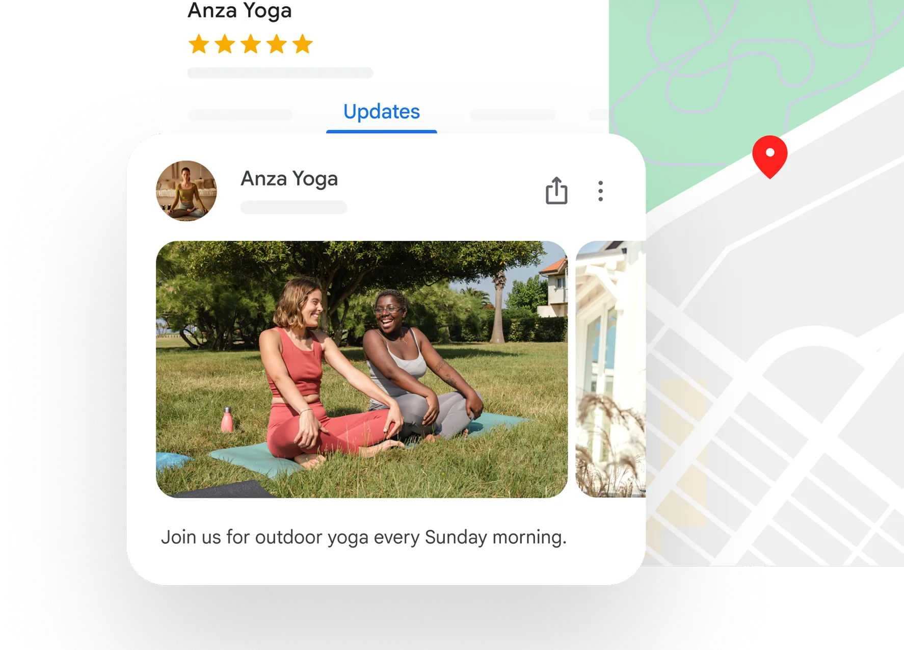 Snapshot of the updates tab on a yoga business’s page on Google Maps.