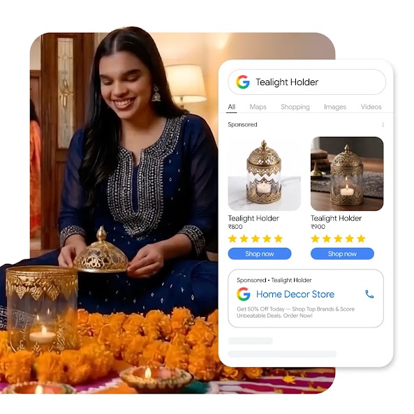 A woman in a blue ethnic outfit placing a brass cover on a tealight holder surrounded by marigold flowers, overlaid with Google Search ad results for "Tealight Holder" priced in Indian Rupees.