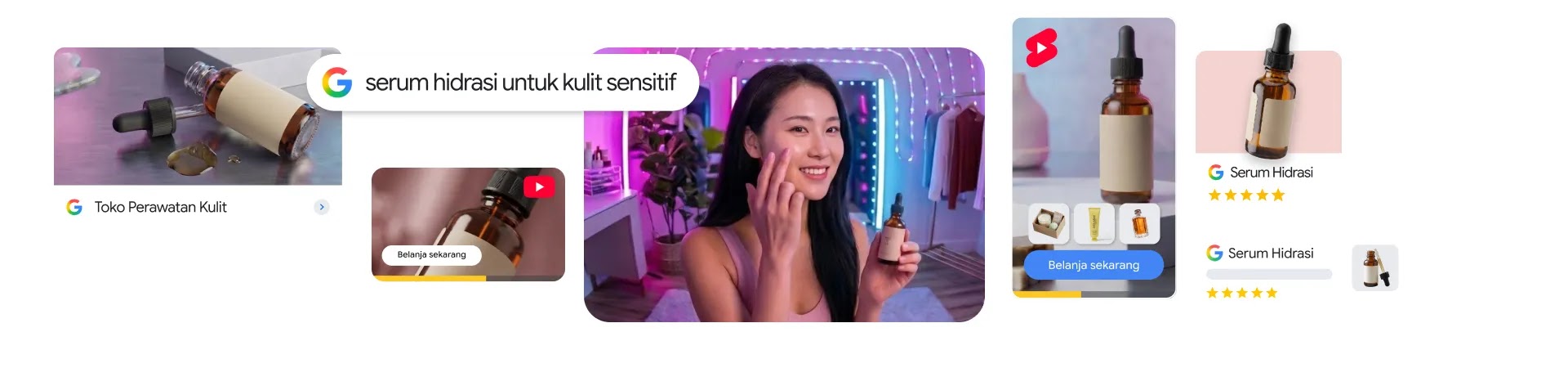 Banner luas yang menampilkan kampanye wewangian dan perawatan kulit, mencakup hasil pencarian Google "serum hidrasi untuk kulit sensitif", video ulasan wanita, serta katalog produk iklan Shopping.