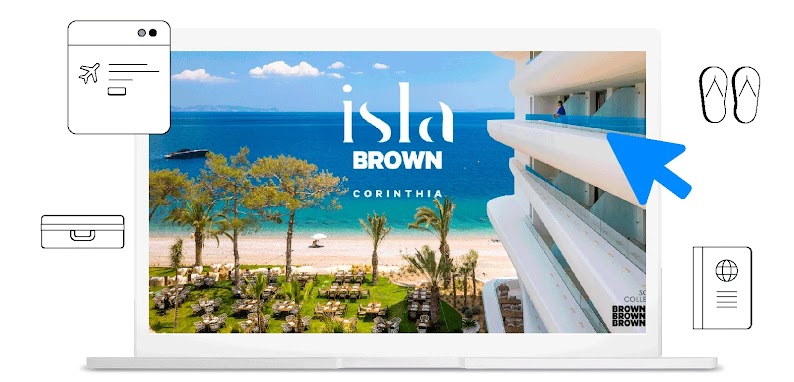 A computer with Isla brown Corinthia advertising and around it icons of flip-flops, tabs with flights, passports and suitcases.