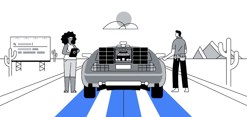 Une femme aux cheveux noirs et bouclés et un homme aux cheveux courts sont dans le désert. Ils se tiennent à côté de la voiture de "Retour vers le futur", qui semble alimentée par l'IA.