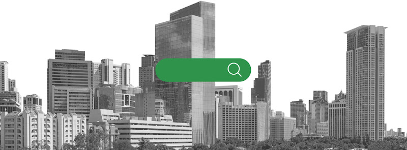 A search bar overlaying a city skyline, representing the use of digital to connect people virtually