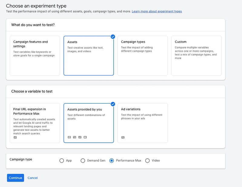  Image showing the Performance Max asset experiment setup