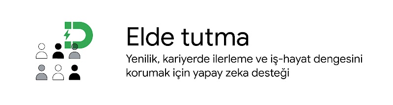 Bir görselin yanında şu ifade yer alıyor: "elde tutma: yenilik, kariyerde ilerleme, iş-hayat dengesini korumak için yapay zeka desteği".