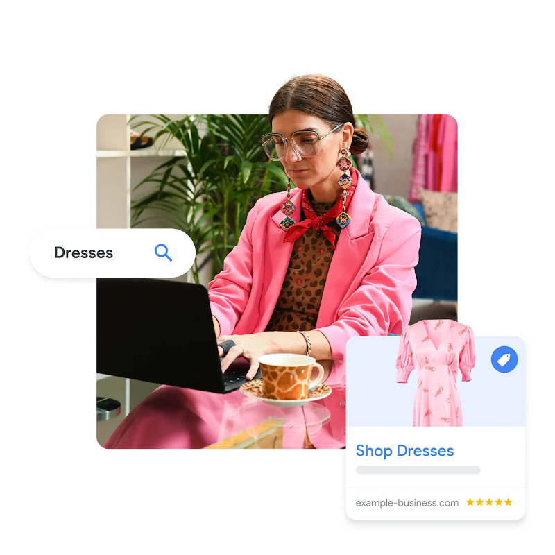 A young woman uses a laptop. She’s encircled by an example of a Shopping ad type.