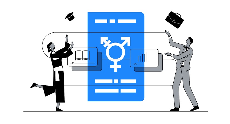 À esquerda, uma mulher de beca joga um capelo para cima, enquanto levanta uma perna, como comemoração. À direita um homem de terno joga uma maleta de trabalho. No centro, uma carteira de trabalho se destaca, e nela há o símbolo da transgeneridade.