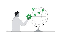 A man points at a rotating globe marked with countries and a gear icon, highlighting export opportunities in India, and suggesting AI-powered ads as a key global expansion strategy to expand business globally.