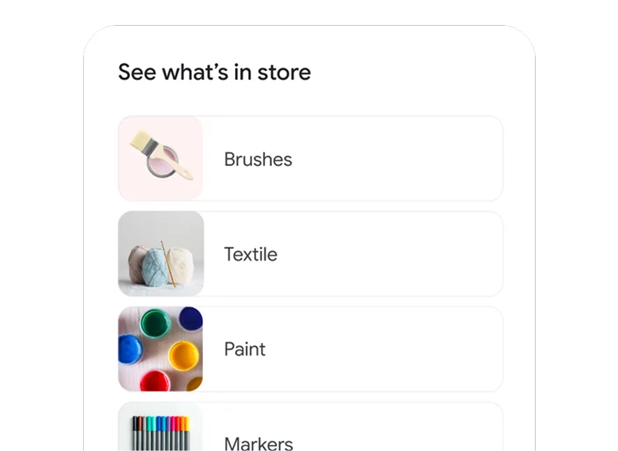An art supply store’s inventory listed out under “see what’s in store”.