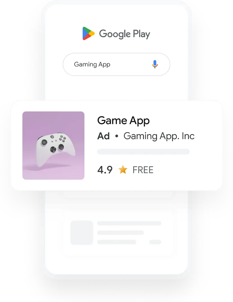 Illustration of a phone showing a Google Play search query for Gaming App that results in a relevant App Ad.