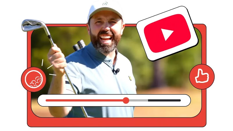 A photo showing YouTube creator Rick Shiels holding up a golf club. Around him there are red-and-white illustrated icons of a YouTube play button, a golf ball, and a hand with a thumbs up.